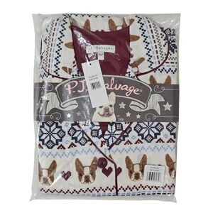 PJ Salvage Flannel Pajama Set Dogs Hearts Women Natural Top & Pants NWT 🐶